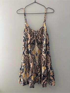 Dotti Beige Spaghetti-Strap Mini Dress with Navy & cream Print
